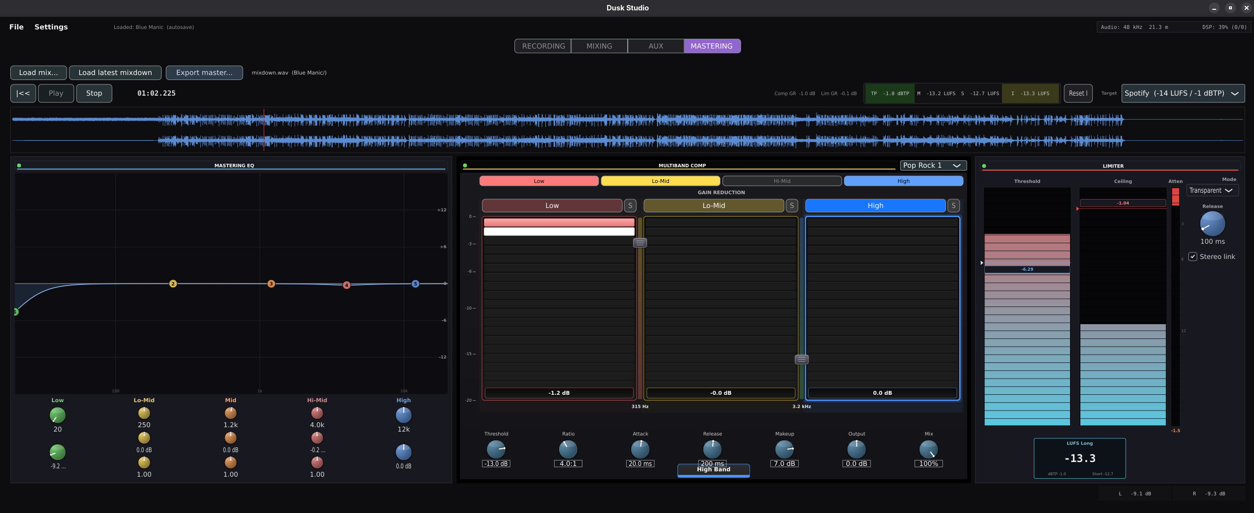 Dusk Studio mastering view: 4-band digital EQ, multiband compressor, brick-wall limiter, BS.1770 metering.