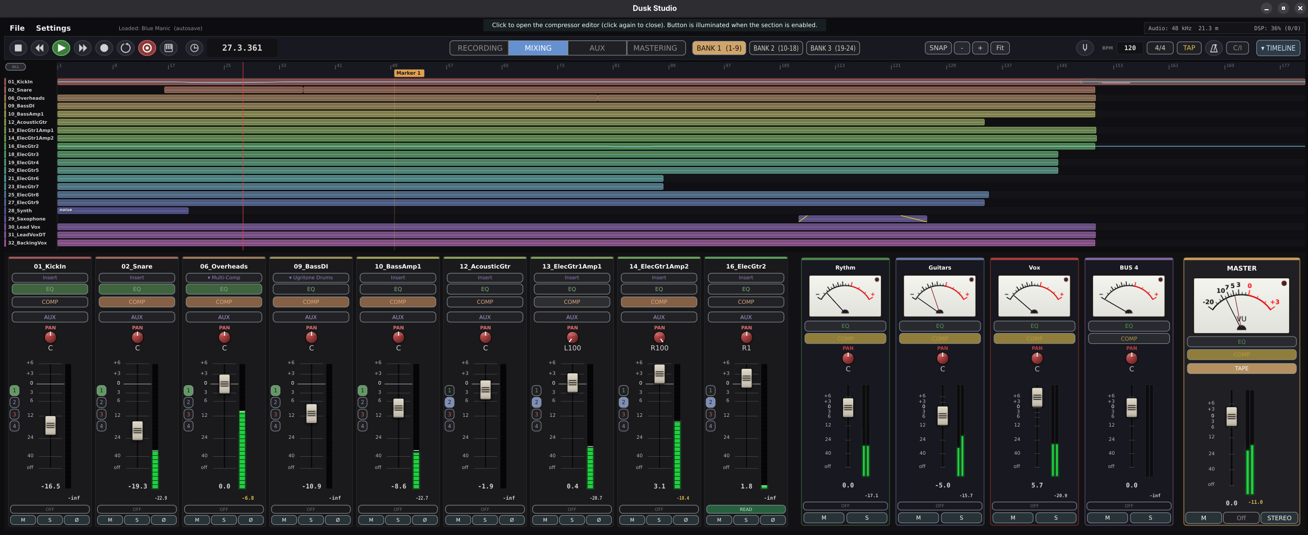 Dusk Studio mixing view: 24 channels across three banks, one insert per channel.