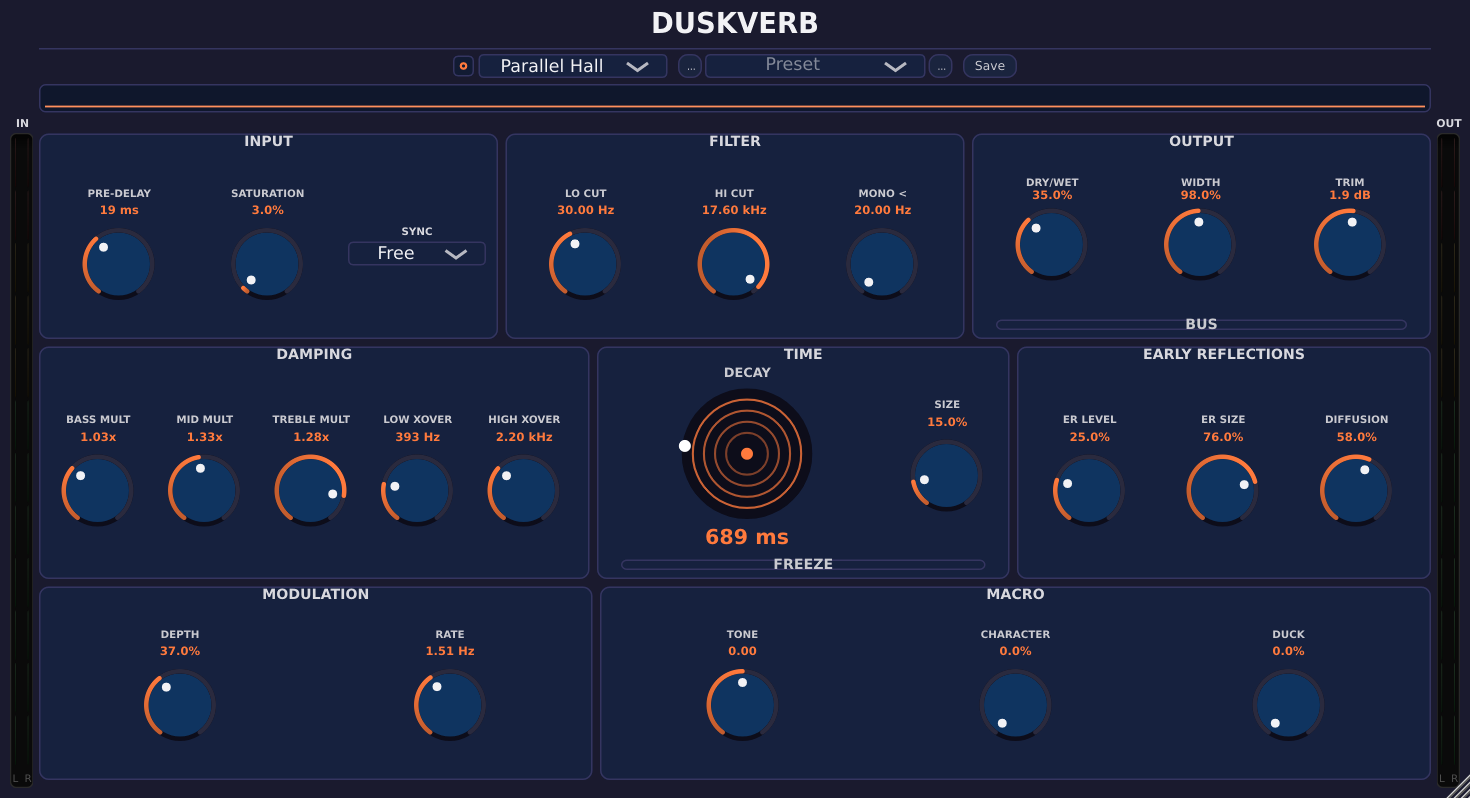 DuskVerb Parallel Hall engine with independent reverb tanks for six frequency bands