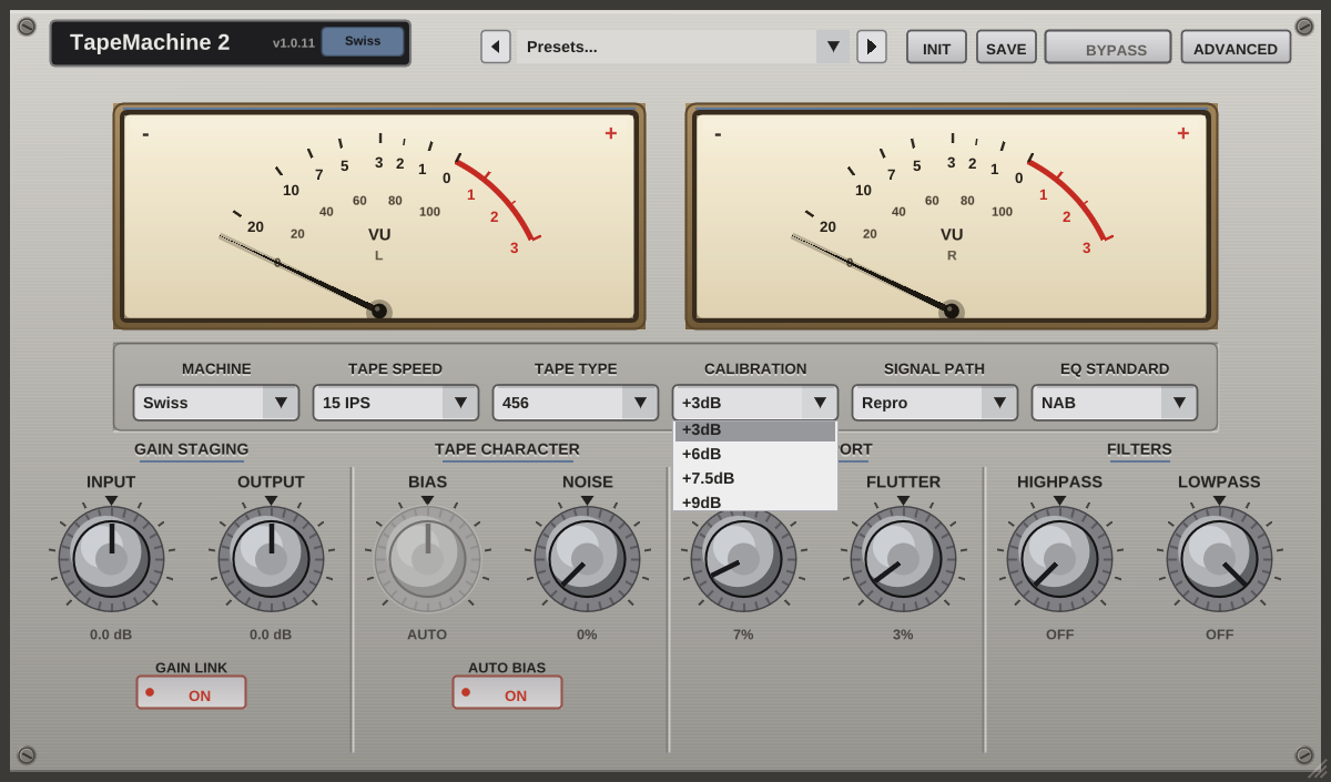 TapeMachine 2 calibration menu with +3, +6, +7.5, and +9 dB operating levels